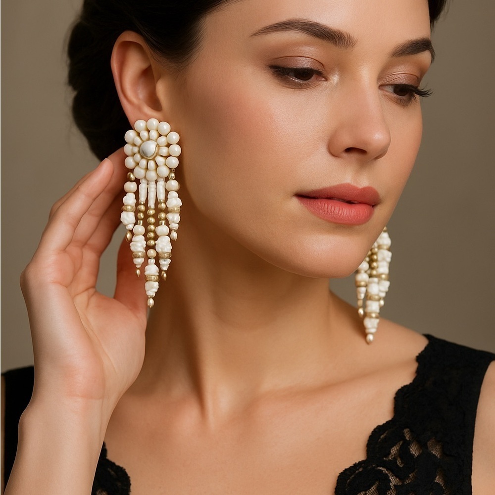Elegant Chalk White Beaded & silver chandelier Earrings sm Austrian crystals.